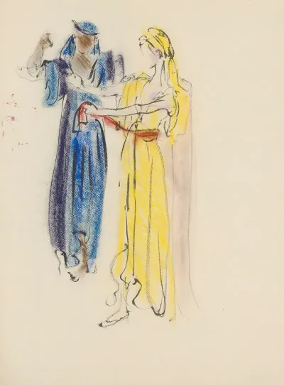 Sodome Et Gomorrhe Maquette De Costume Deux Femmes Tunique Jaune Tunique Bleue