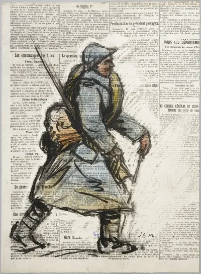 Soldat Marchant Vers La Droite Sur Fond De Papier Journal