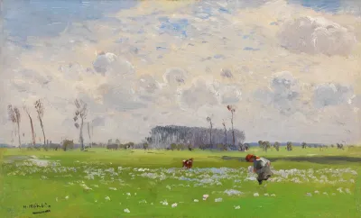 Sommerwiese Mit Blumenpfluckenden Madchen