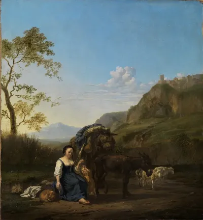 Spinnende Bauerin In Italienischer Berglandschaft