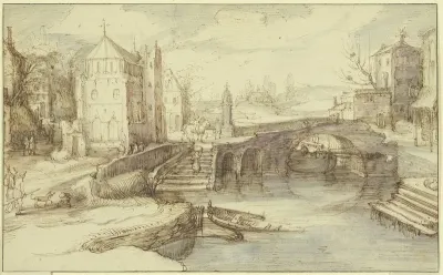 Stadtansicht Mit Einer Brucke Unter Welcher Ein Schiff Durchfahrt Dabei Eine Treppe Die Eine Frau Mit Einem Korbe Hinaufsteigt