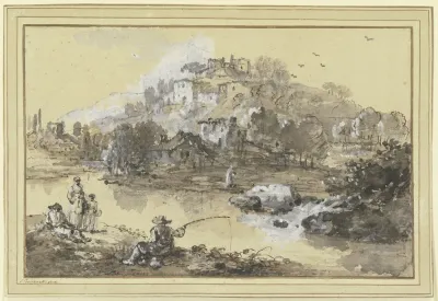 Stadtchen Am Wasser Vorne Ein Angler