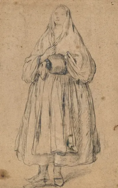 Standing Woman Holding A Muff Turned Slightly To The Left