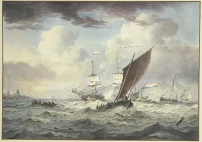 Stark Bewegte See Mit Vielen Schiffen Ein Groses Schiff Ladt Eine Kanone Davor Ein Boot Von Vorne Gesehen Links Eine Stadt