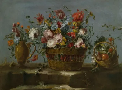 Still Life Of A Basket Of Flowers On A Rock Ledge
