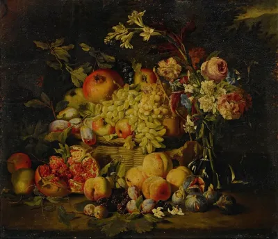 Still Life Of Flowers And Fruits Including Pomegranates Peaches And Grapes