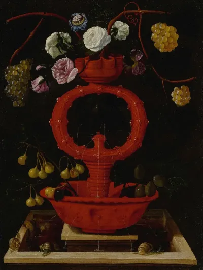 Still Life Of Flowers And Grapes In An Elaborate Ceramic Vase With Snails Along The Bottom Ledge