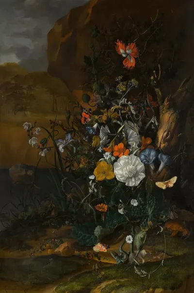 Still Life Of Flowers With Butterflies Insects A Lizard And Toads Beside A Pool