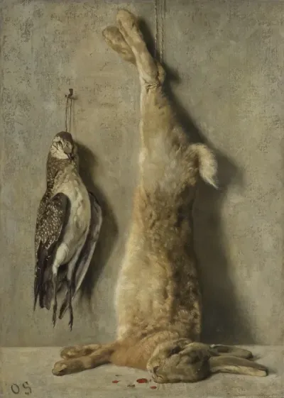 Still Life With Dead Hare And Guinea Fowl In Front Of A Grey Wall