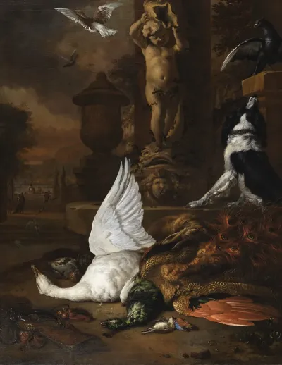 Still Life With Dead Swan A Peacock And A Dog By A Garden Fountain