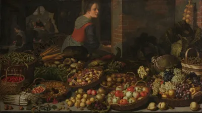 Still Life With Fruit And Vegetables With Christ At Emmaus In The Background