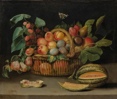 Still Life With Fruit In A Wicker Basket With A Cut Melon