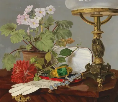 Still Life With Geraniums Dahlias Glace Gloves And Jewels