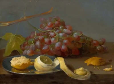 Still Life With Grapes A Lemon And Bread On A Table