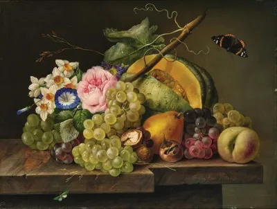 Still Life With Grapes Pumpkin Pear Walnuts Rose Daffodils And Butterfly