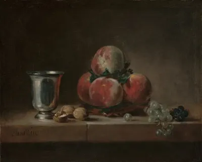 Still Life With Peaches A Silver Goblet Grapes And Walnuts