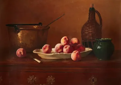 Still Life With Peaches Brass Pot Green Jug And Wine Bottle On Commode Top