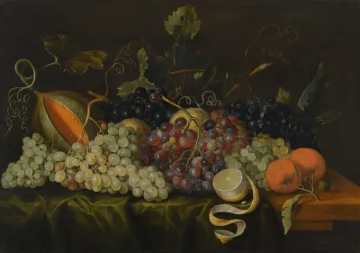 Still Life With Red Black And Green Grapes On The Vine Together With Oranges