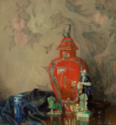 Still Life With Red Urn And Asian Figurines