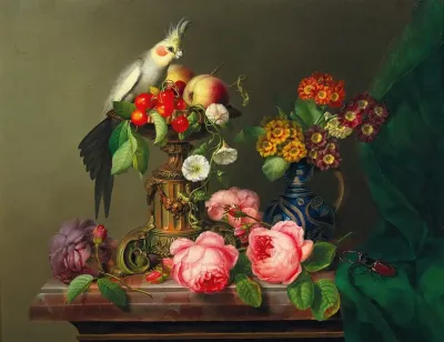 Still Life With Roses Fruit Cockatiel And Stag Beetle