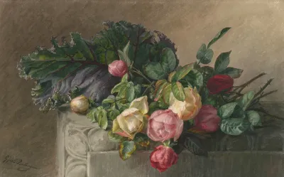 Stilleven Met Rozen En Koolblad