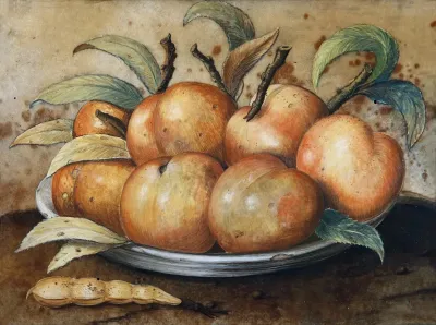 Stillleben Mit Pfirsischen Und Johannisbrot