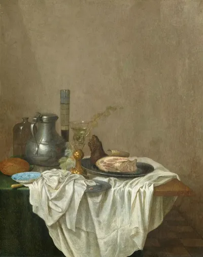 Stillleben Mit Zinnkrug Glasern Schinken Und Brot