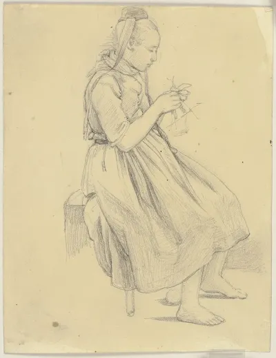 Strickendes Madchen In Tracht