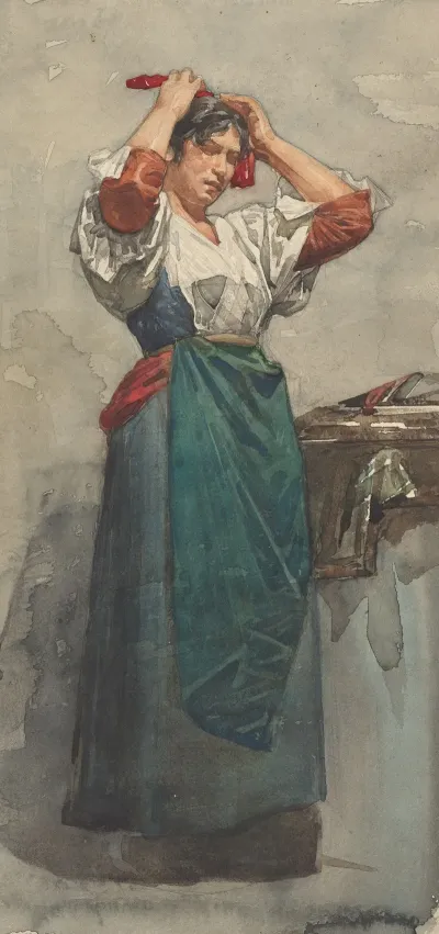 Studie Van Een Vrouw Het Haar Opmakend