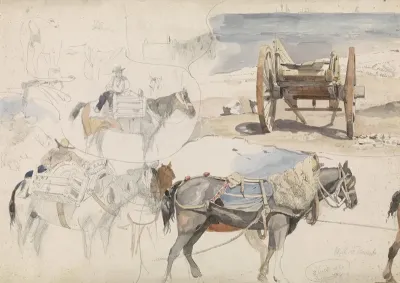 Studieblad Met Schelpenkar Op Het Strand En Diverse Studies Van Paarden