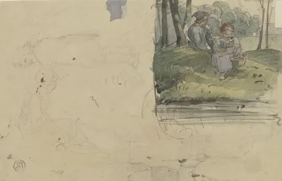 Studienblatt Figuren Und Ein Madchen Mit Einem Jungen Im Wald Sitzend