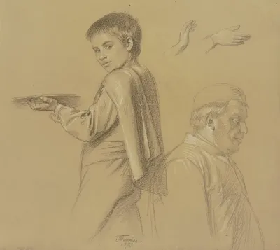 Studienblatt Page Mit Tablett Mannliche Halbfigur Zwei Hande