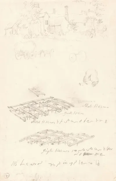 Studies Of A Farmhouse Covered Wagon And Harrows