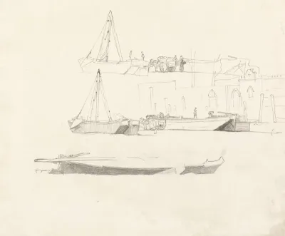 Studies Of Boats Figures Carts And Buildings