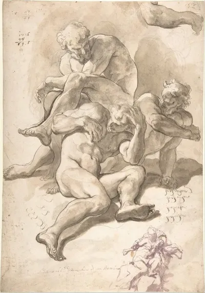 Studies Of Three Naked Men A Right Arm And A Nude Figure Supported By Another