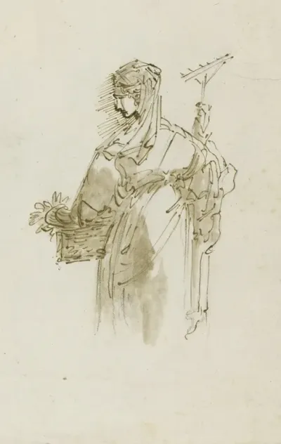 Study Figure For A Peasant Woman Holding A Basket And Rake