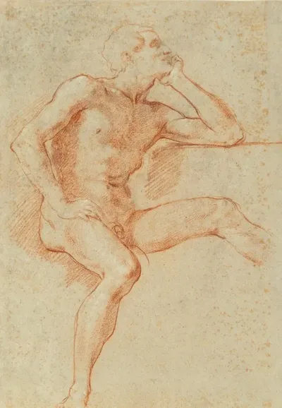Study Of A Male Nude Seated Resting His Chin On His Left Hand