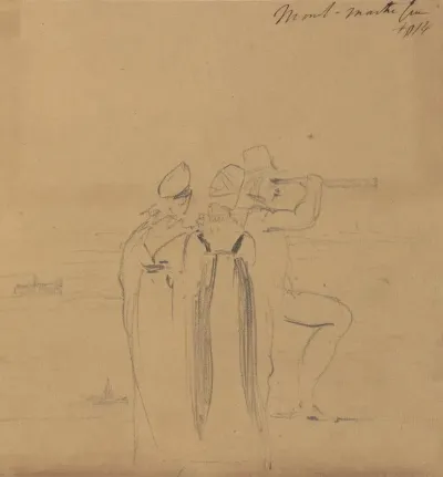 Study Of A Man Looking Through A Telescope Accompanied By Two Women
