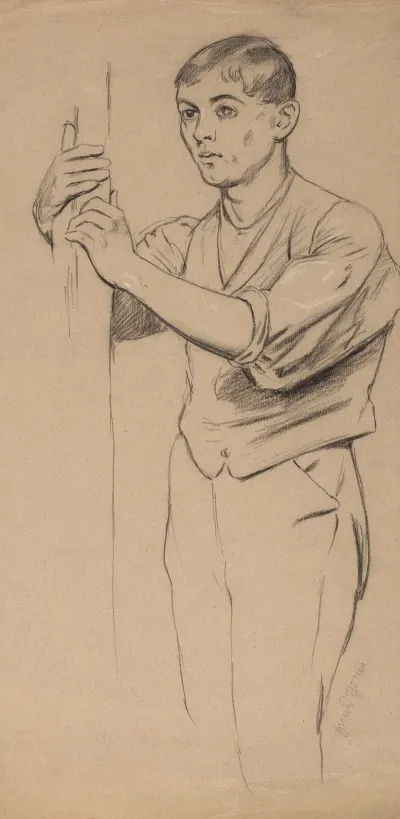 Study Of A Young Man Depicted Down To His Knees Holding A Pole With Both Hands