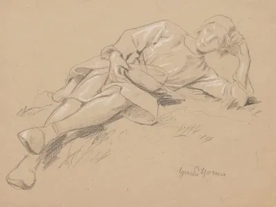 Study Of The Figure Of A Young Man In A Robe To His Knees Lying On His Left Side Resting His Head On His Left Hand
