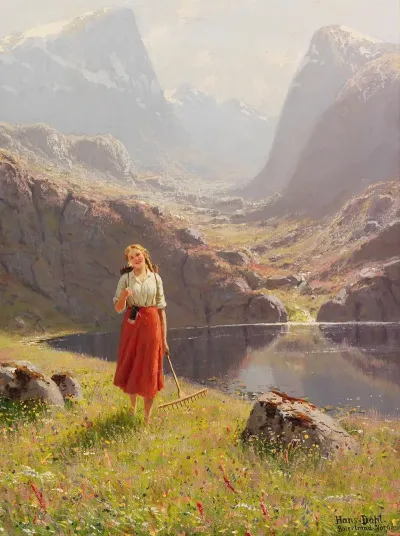 Summer By The Norwegian Fjord Girl Returning Home With A Rake And Box