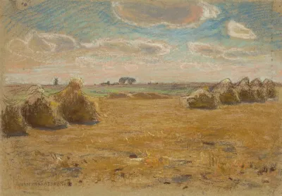 Summer Landscape Field With Stacks Of Grain