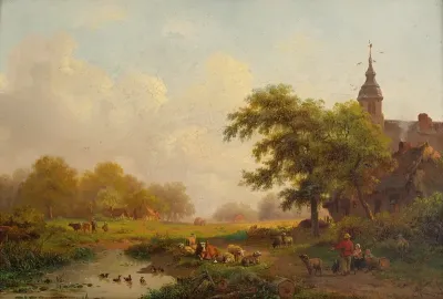 Summer Landscape With Sheperds And Cattle Near A Village