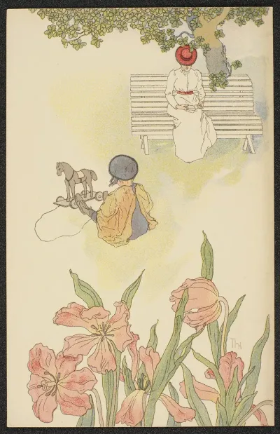 Summer Motif With Children Playing And A Woman Reading