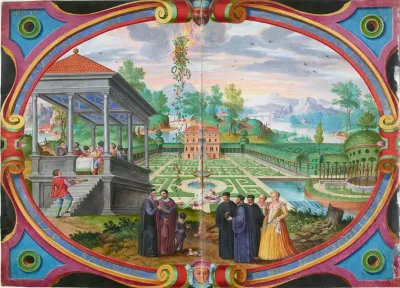 Tableau Representant Magius Et Son Fils Devant Un Paysage De Jardins Et De Montagnes