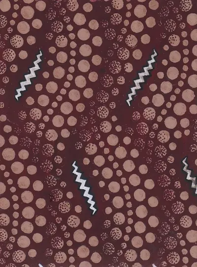 Textile Design With Overlapping Verical Strips Of Undulating Rows Of Dots And Zig Zagging Ribbons