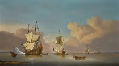The Evening Gun Men O War And Barges In A Calm Sea