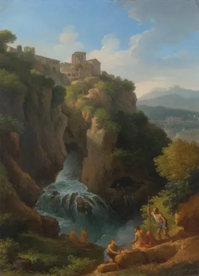The Falls Of Tivoli With The Temple Of The Sibyl And Figures Resting In The Foreground