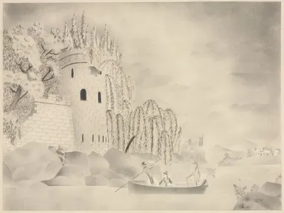 The Lonely Tower Castle On A River With Willows And A Boat