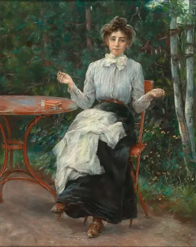 The Painters Daughter Sewing In The Garden According To Family Tradition
